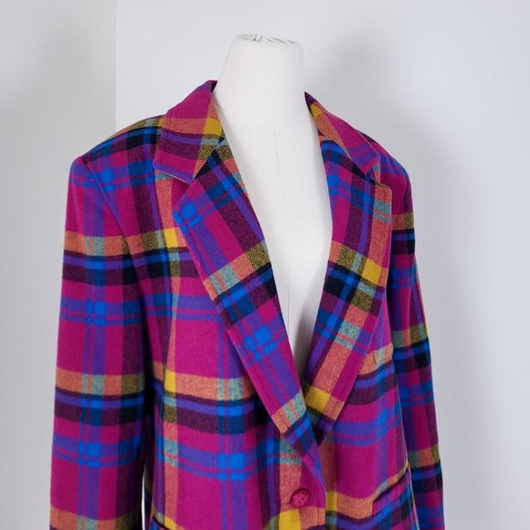 Vintage plaid blazer colourful multi-coloured bright structured shoulder pads - Picture 10 of 14